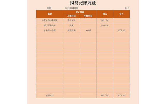 橙色通用财务记账凭证EXCEL模板