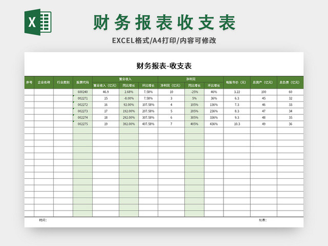 绿色简约财务报表收支表EXCEL模板