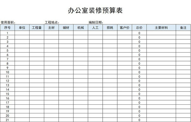 简约办公室装修预算表预算清单项目详细