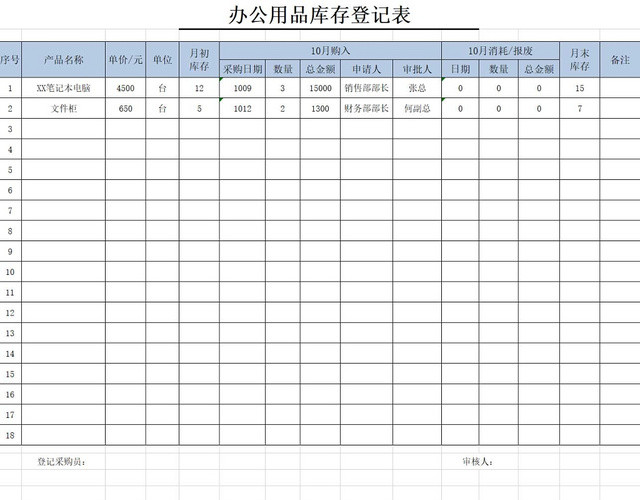 简约办公用品库存登记表库存详细