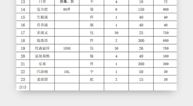 简约园林绿化用品报价表报价单