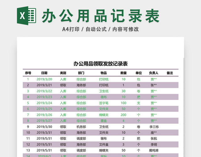 办公用品领取发放记录表模板EXCEL模板