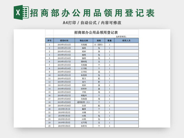 招商部办公用品领用登记表模板EXCEL模板