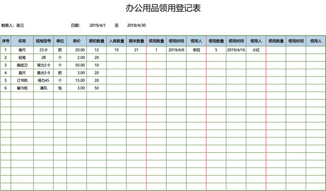 企业通用办公用品领用登记表模板EXCEL模板