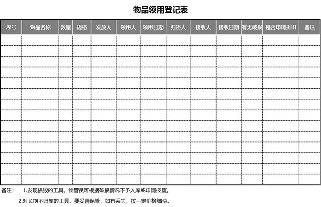 通用办公用品物品领用登记表模板EXCEL模板