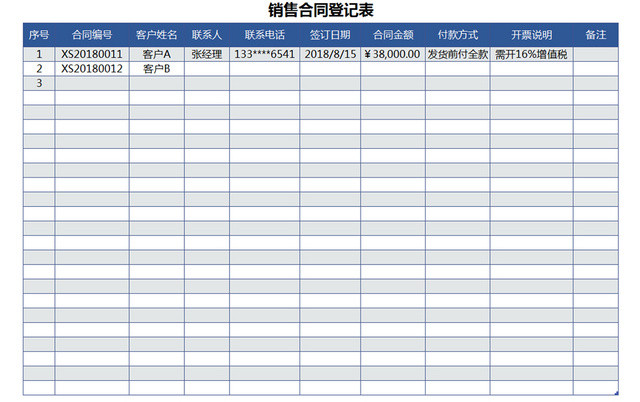 行政销售合同管理清单项目明细登记表