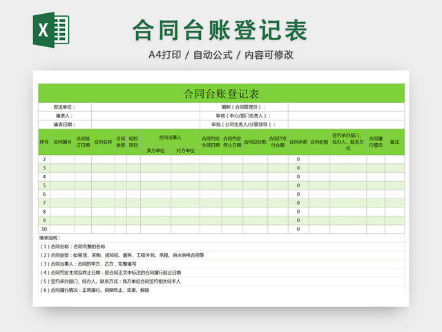 行政合同台账管理清单项目明细登记表