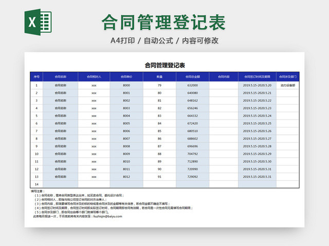 行政合同管理清单项目明细登记表