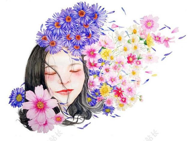 女孩清新水画画花朵背景图片