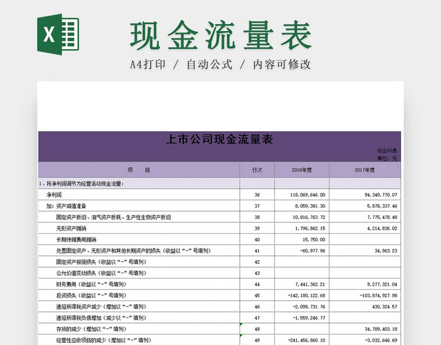 紫色上市公司现金流量表EXCEL模板