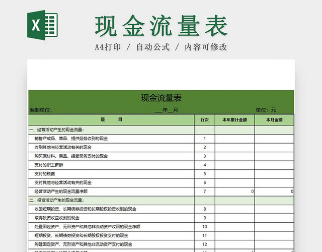 绿色简约版现金流量表EXCEL模板