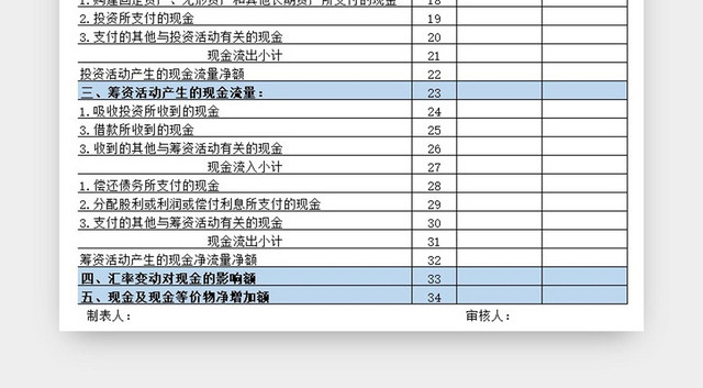蓝色简约版现金流量表EXCEL模板