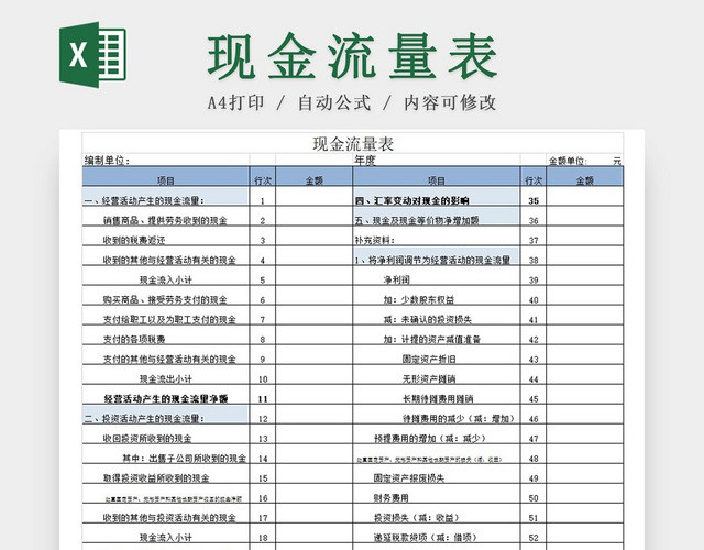 蓝色公司现金流量表EXCEL模板
