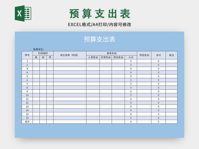 蓝色清新风公司预算支出表EXCEL模板