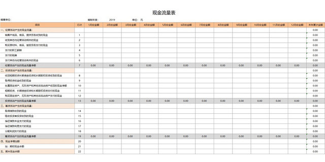 橙色简约风公司现金流量表EXCEL模板