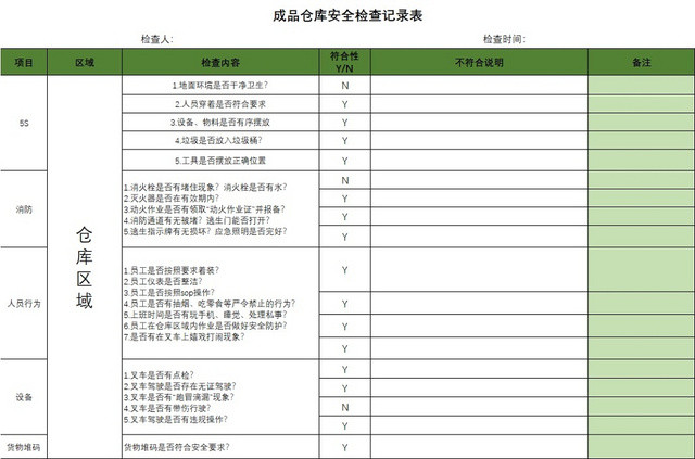 成品仓库安全检查记录表绿色EXCEL模板