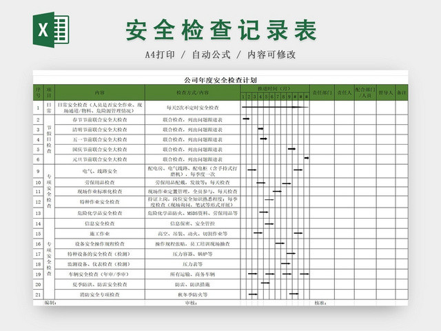 公司年度安全检查记录表绿色EXCEL模板