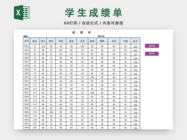 学校考试成绩表模板EXCEL表