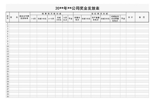 公司员工奖金发放表EXCEL模板