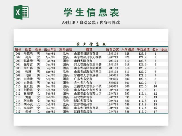 学生信息表模板EXCEL表