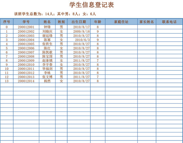 在校学生信息登记表模板EXCEL表