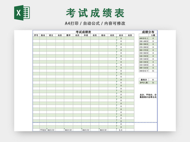 语数外考试成绩表模板EXCEL表