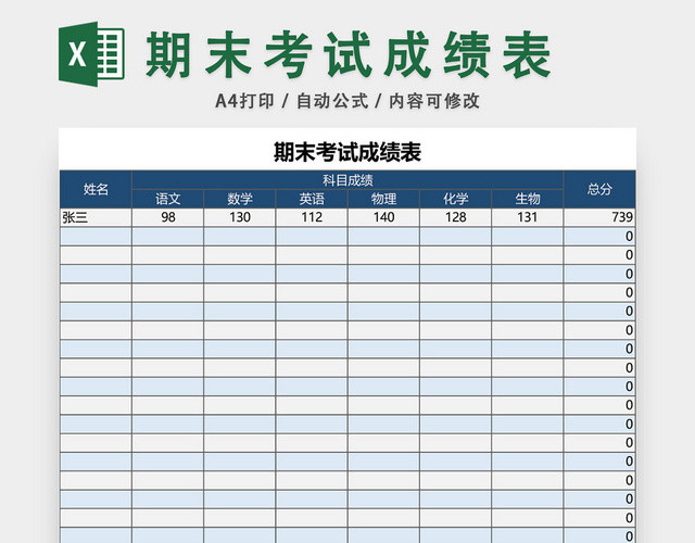 期末考试成绩表模板EXCEL表