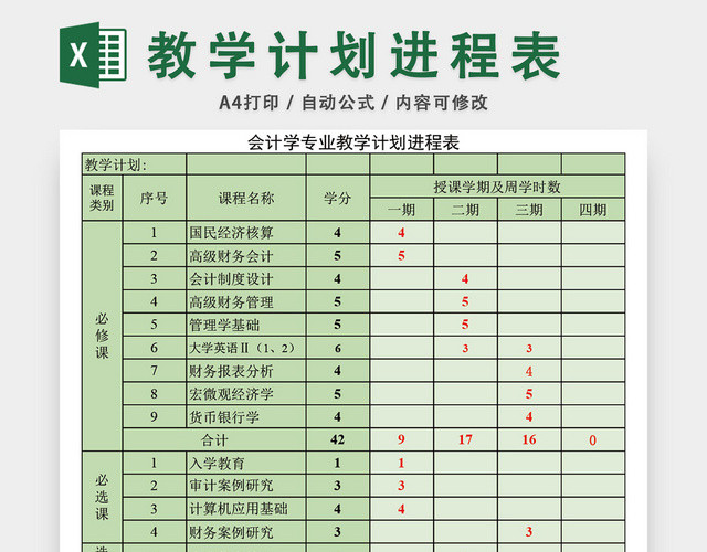 会计学专业教学计划进程表模板EXCEL表