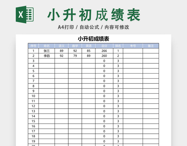 小升初成绩表模板EXCEL表