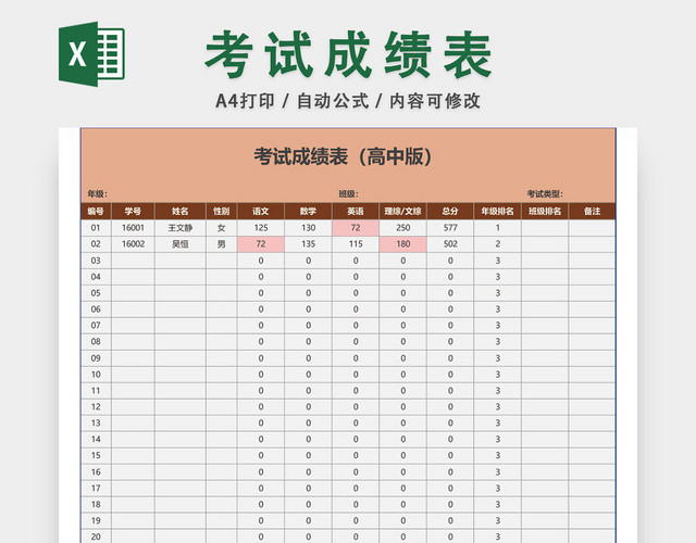 高中学生考试成绩表模板EXCEL表