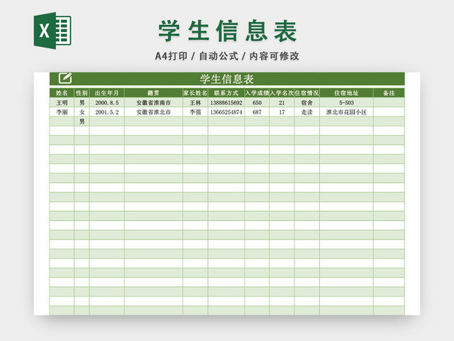 学生信息表模板EXCEL表