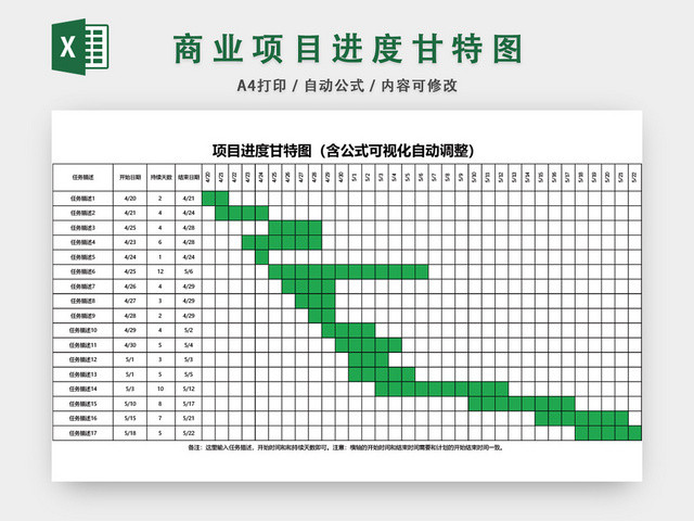 商业项目进度表模板EXCEL表甘特图