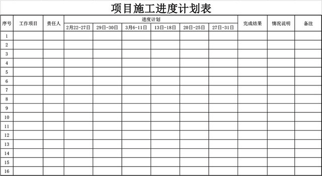 项目施工进度计划表模板EXCEL表