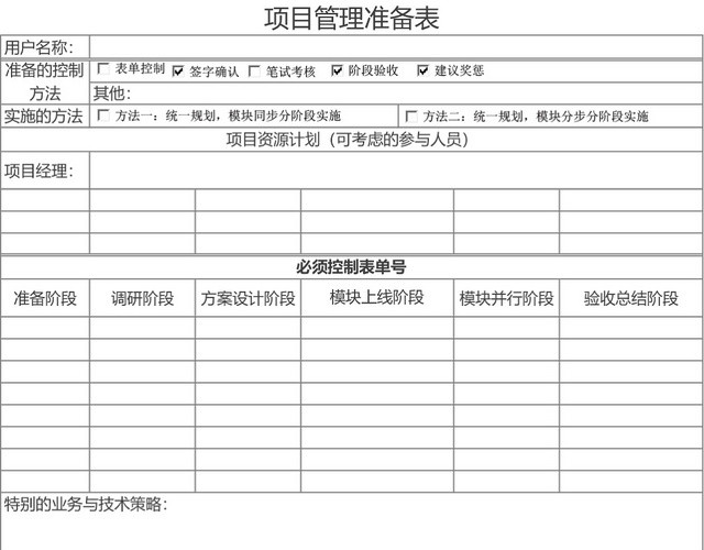 项目管理准备表模板EXCEL表