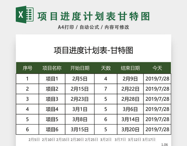 项目进计划表模板EXCEL表甘特图