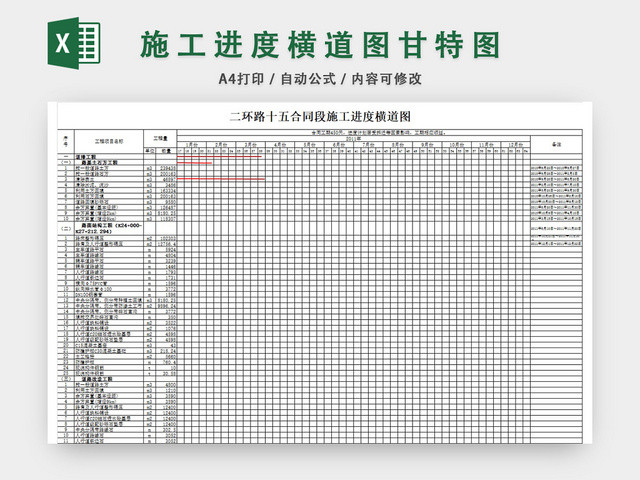 施工进度横道图模板EXCEL表