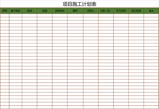 项目施工计划表模板EXCEL表