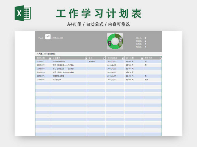 工作学习计划表模板EXCEL表甘特图
