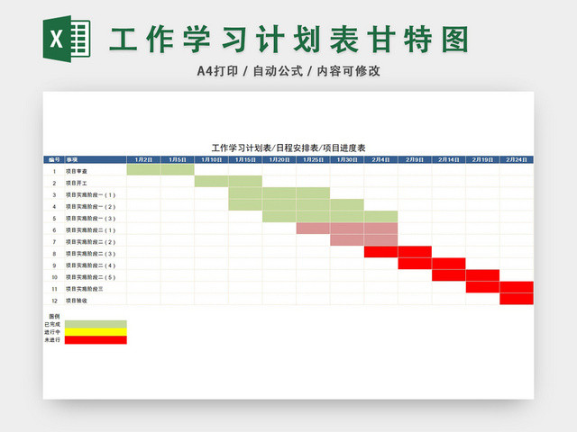 工作学习计划表模板EXCEL表甘特图