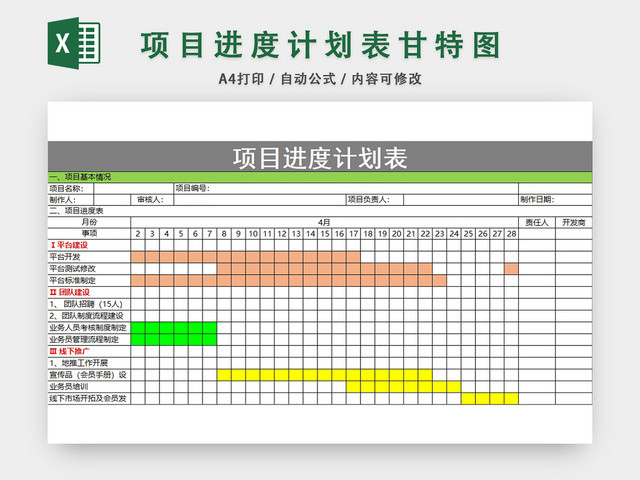 项目进度计划表模板EXCEL表甘特图