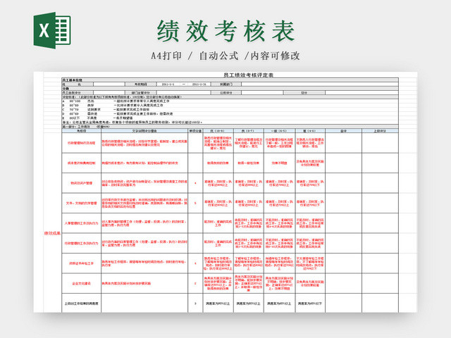 员工绩效考核评定EXCEL表模板