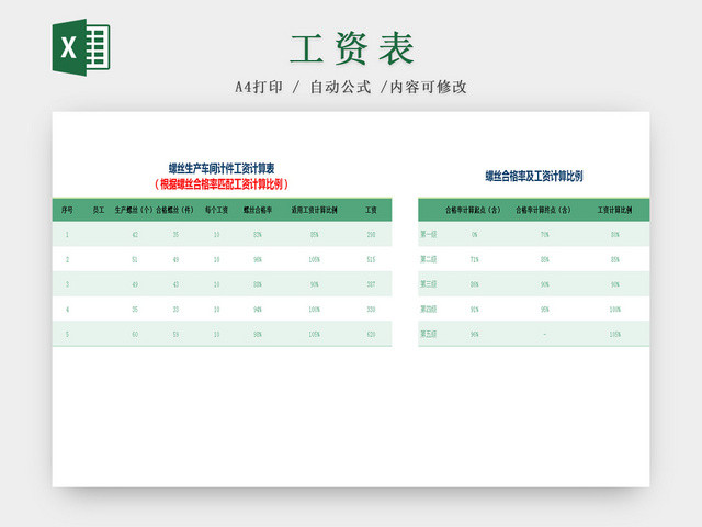 螺丝生产车间计件工资计算EXCEL表