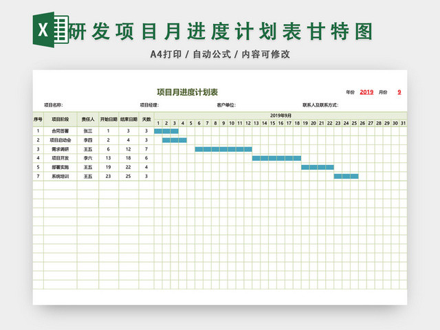 项目月进度计划表模板EXCEL表甘特图