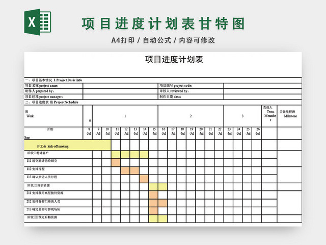 项目进度计划表模板EXCEL表甘特图