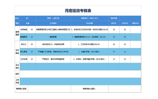 蓝色月度绩效考核EXCEL表格