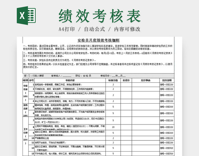 安检员月度绩效考核表EXCEL模板