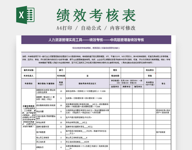 紫色中高层管理者绩效考核表