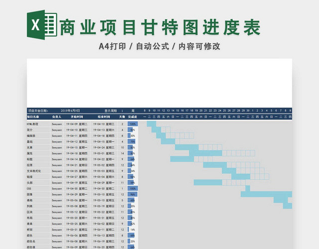商业项目甘特图进度表模板EXCEL表