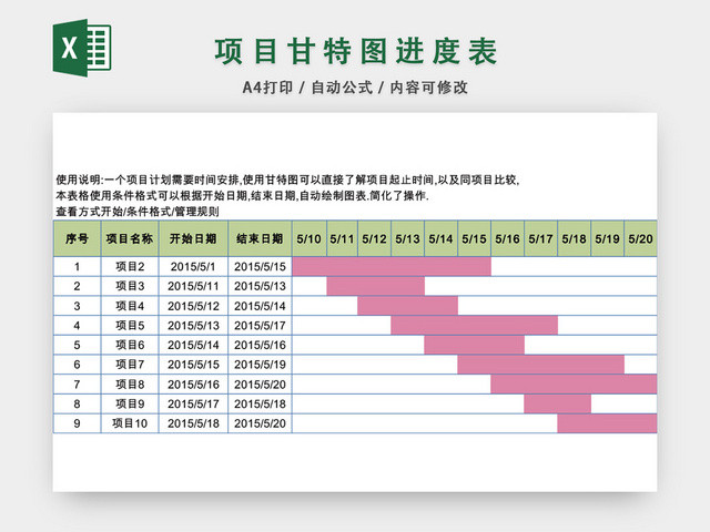 项目甘特图进度表模板EXCEL表