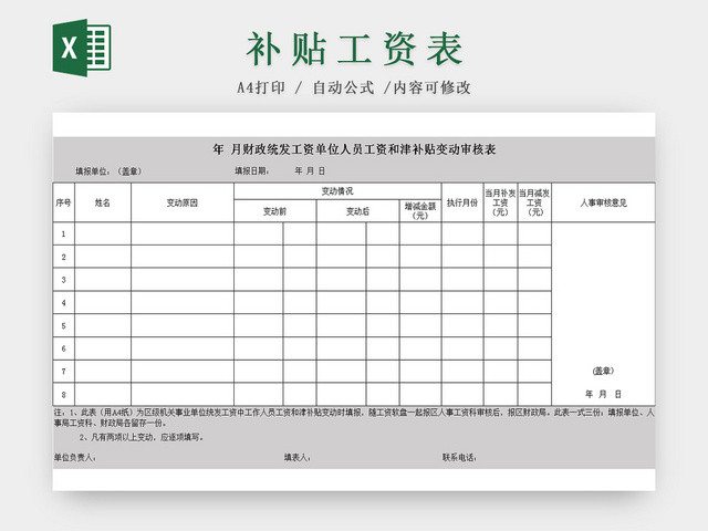 单位人员工资津贴变动审核EXCEL表